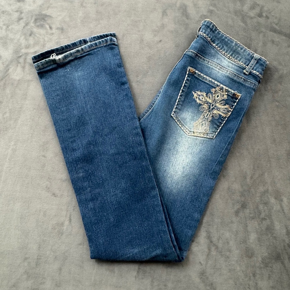 Elite Jeans Womens 9/29 Blue Denim Embroidered Cross Bootcut Jeans Medium Wash
